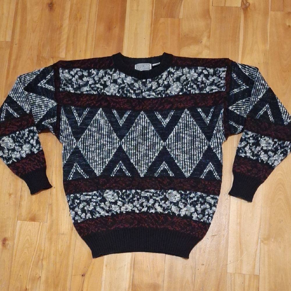 Vintage 90s Grandpa Multi-print Knit Sweater Size XL Red Black White